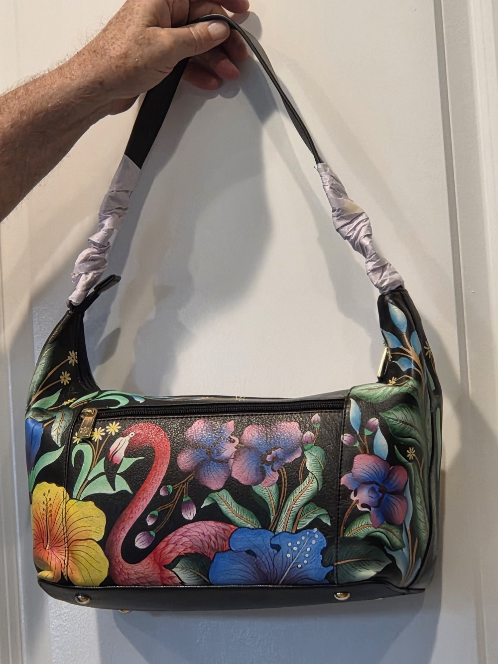 Anuschka Hand Painted Leather Satchel Shoulder Bag Flamingo